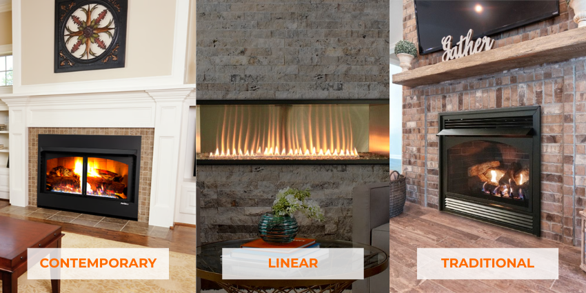 Styles of ventless gas fireplaces including contemporary, linear, and traditional designs