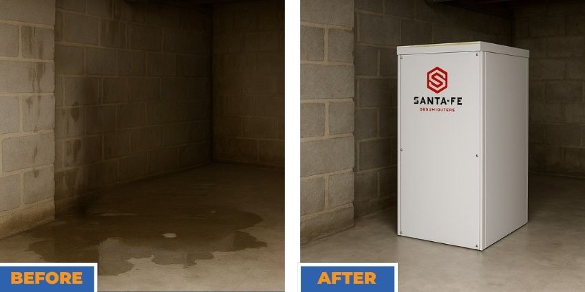 Before and after comparison showing how a whole-home dehumidifier improves indoor air quality