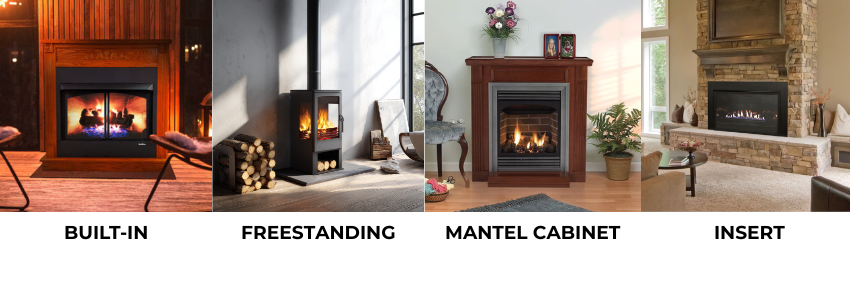 Comparison of ventless gas fireplace types including built-in, freestanding, mantel cabinet, and insert models