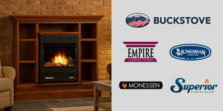 Ventless gas fireplace with logos of top brands including Buck Stove, Monessen, Empire, Kingsman, and Superior Fireplaces.