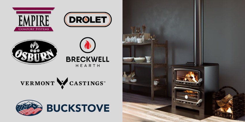 Logos of top wood burning stove brands including Buck Stove, Osburn, Breckwell, Vermont Stoves, Empire Stoves, and Drolet