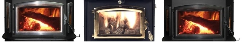 Different wood burning stove styles displayed side by side, showing modern, classic, and rustic designs