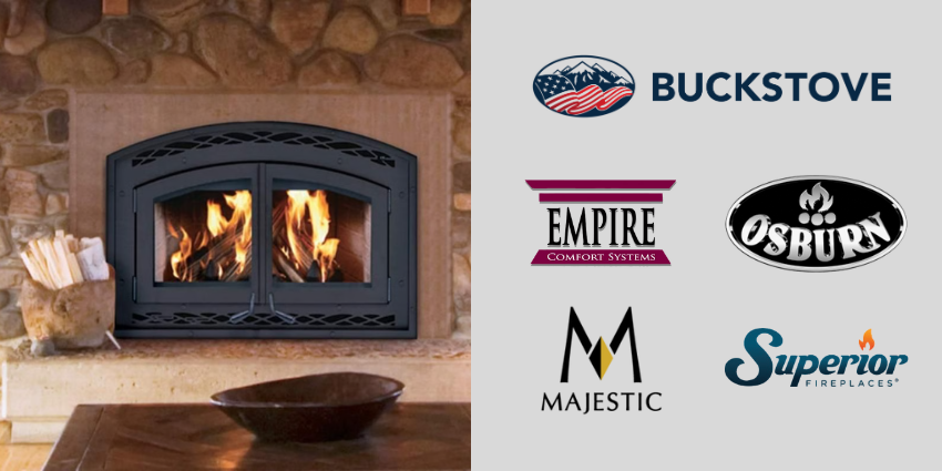Top wood-burning stove brands graphic featuring Osburn, Buck Stove, Majestic and other leading manufacturers