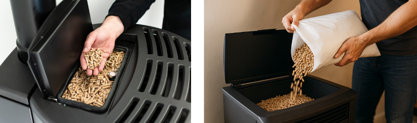 Pouring wood pellets into a pellet stove hopper