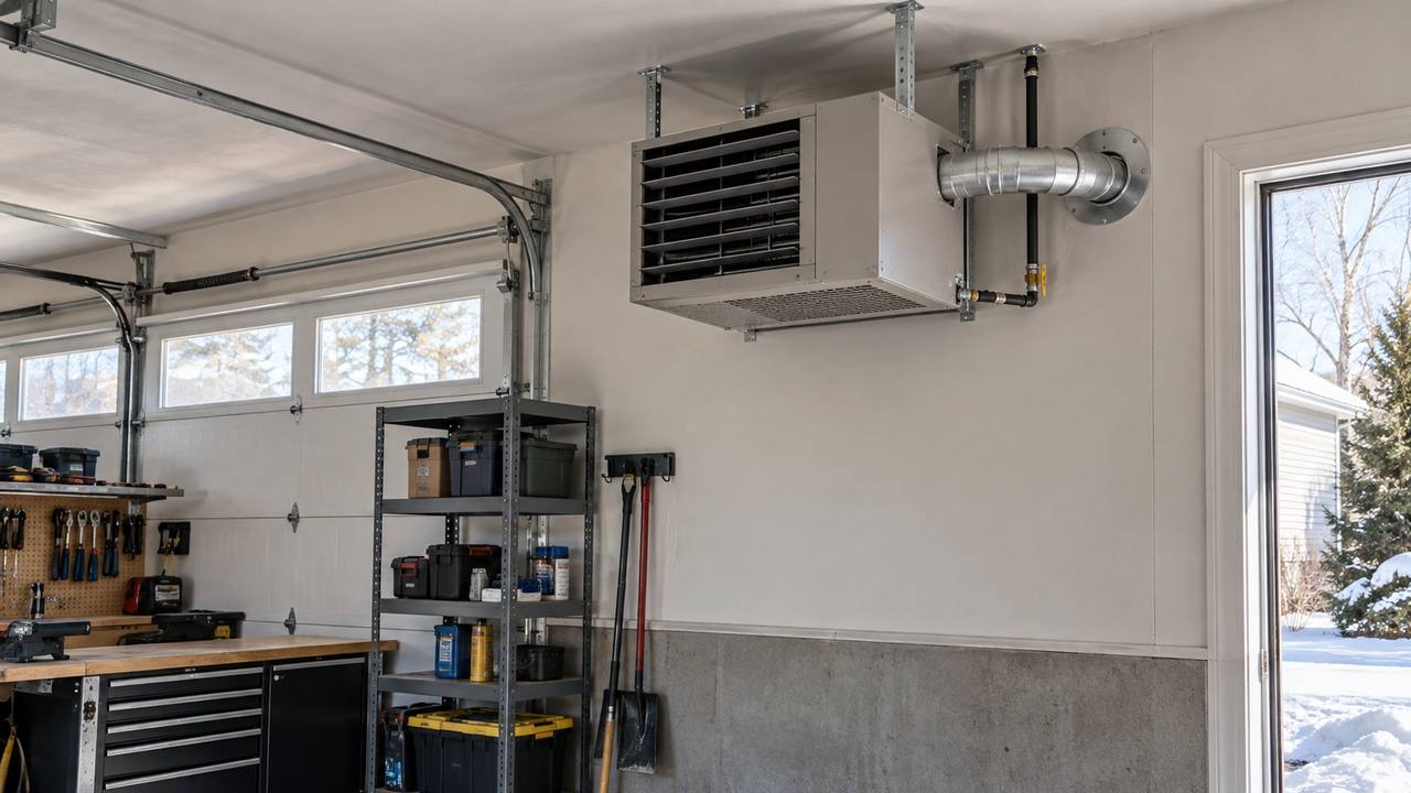 Natural gas vs propane unit heater Ceiling-mounted gas unit heater in a garage workshop