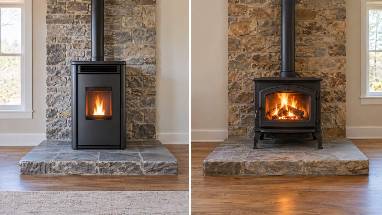 Pellet stove and wood stove in separate hearth installations