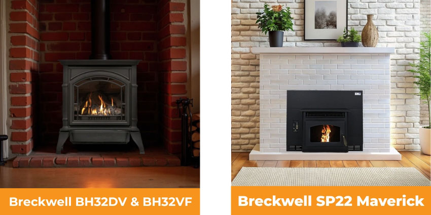 Breckwell BH32DV and BH32VF gas stove next to Breckwell SP22 Maverick pellet fireplace insert installed in modern living spaces