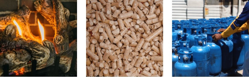 Comparison of wood logs, pellet fuel, and propane gas tanks representing Breckwell wood, pellet, and gas heating options