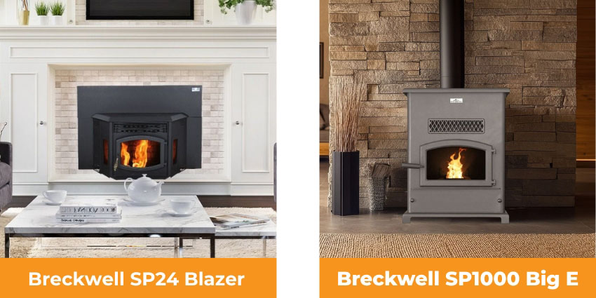 Breckwell SP24 Blazer pellet fireplace insert and SP1000 Big E pellet stove installed in residential living room settings