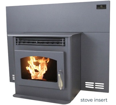 Breckwell pellet stove insert designed for fireplace installation with front viewing window and burning fire