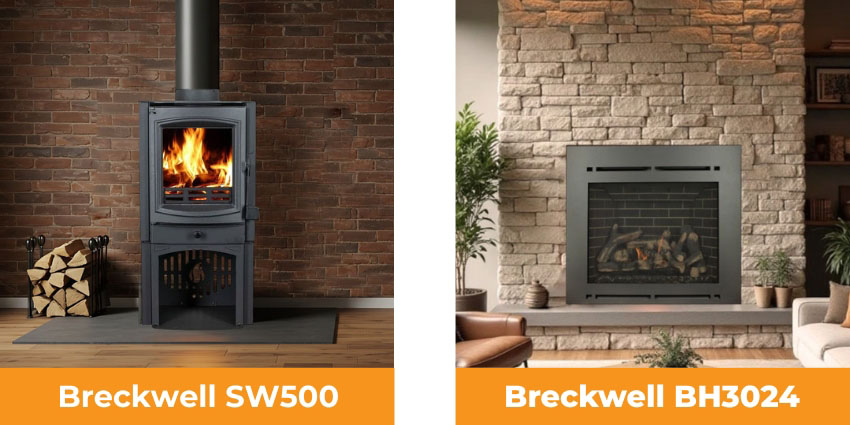 Breckwell SW500 wood stove and BH3024 gas fireplace installed in home interiors showing different heating styles