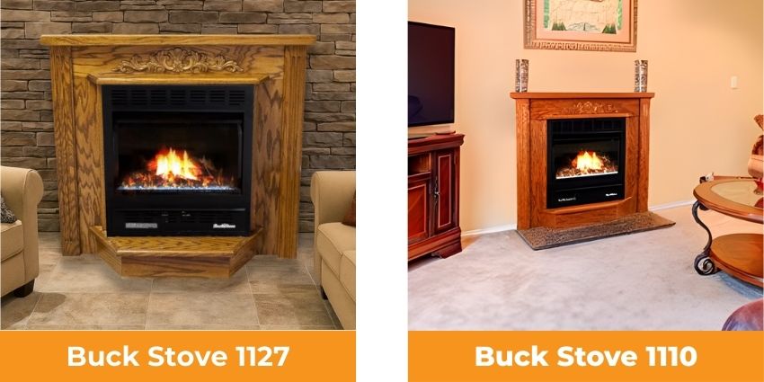 Buck Stove 1127 and Buck Stove 1110 vent-free gas fireplaces installed in mantel and wall-mounted home heating setups