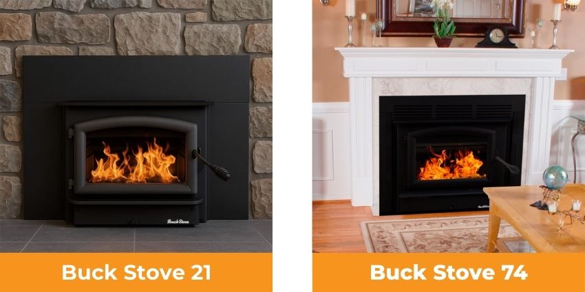 Buck Stove 21 and Buck Stove 74 wood fireplace inserts installed in traditional and modern living room settings with active flames