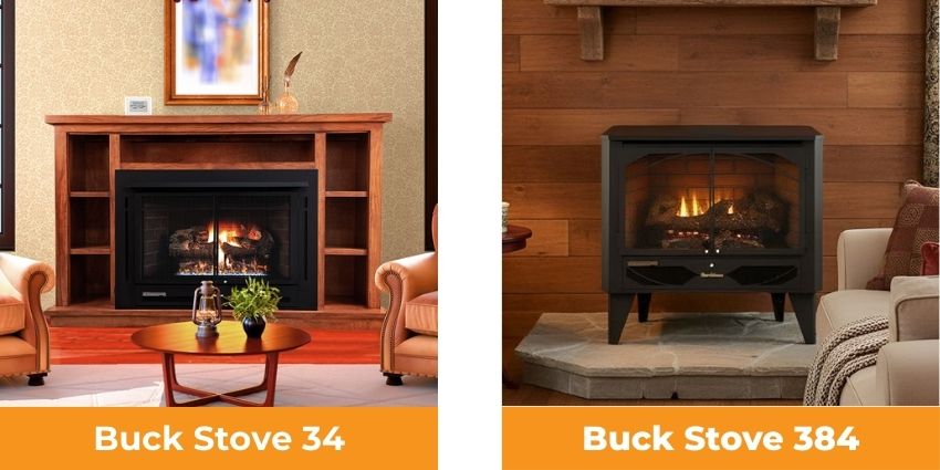 Buck Stove 34 vent-free gas fireplace in a mantel cabinet and Buck Stove 384 freestanding gas stove in a rustic home interior