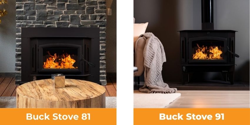 Buck Stove 81 and Buck Stove 91 wood stove inserts featuring large viewing windows and active flames in stone and modern fireplaces