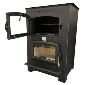 Buck Stove wood cook stove featuring an open oven compartment and lower firebox for traditional indoor heating and cooking