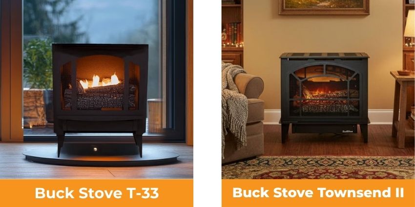 Buck Stove T-33 and Buck Stove Townsend II vent-free gas stoves displayed in modern and traditional living room environments