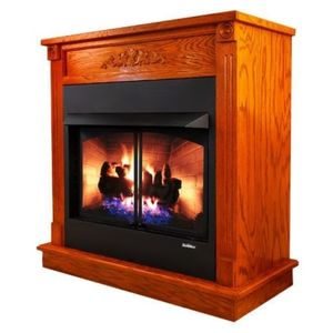 Buck Stove wood and gas fireplace units shown in a home heating product showcase with active flames