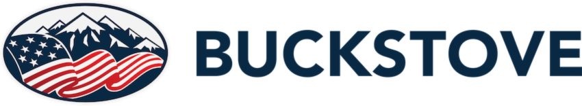Buck Stove company logo featuring a mountain and American flag design representing indoor heating products