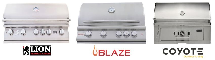 Lion, Blaze, and Coyote built-in gas grills displayed for brand comparison