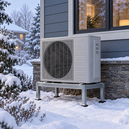 Cold-climate heat pump on a raised winter equipment stand
