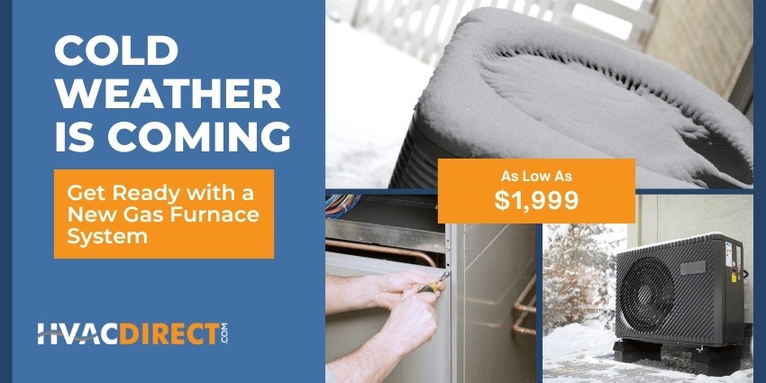 Cold Weather Is Coming – Get Ready with a New Gas Furnace System from HVACDirect.com Snow-covered HVAC condenser units and furnace maintenance visuals promoting winter heating preparedness