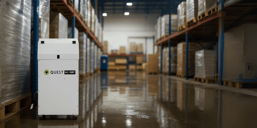 Quest Hi-DRY commercial dehumidifier operating in a warehouse aisle with pallet racks and a wet, reflective floor