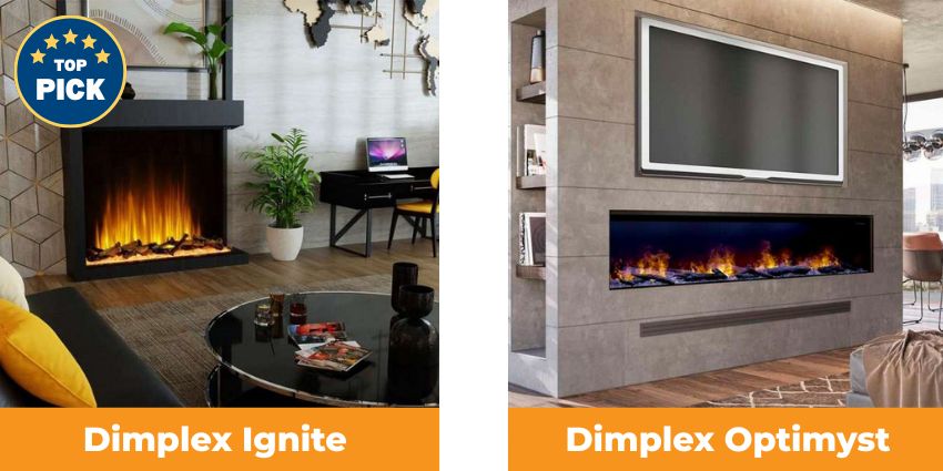 Dimplex Ignite and Optimyst linear electric fireplace installed in a modern living room with realistic LED flame effects