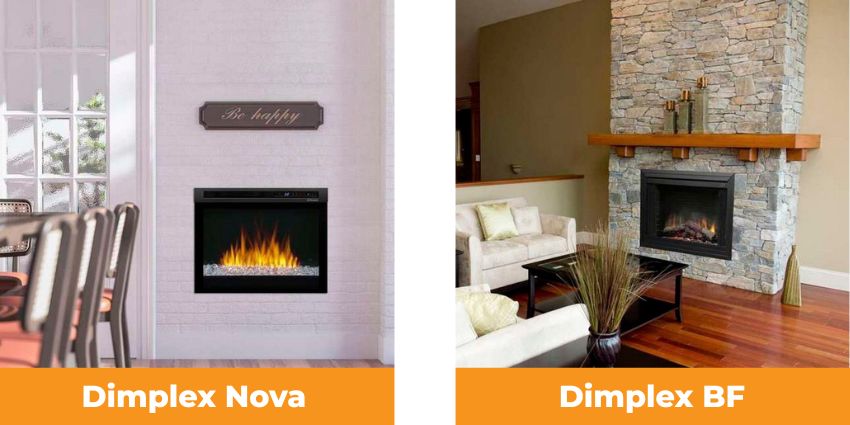 Dimplex Nova plug-in electric fireplace and BF built-in traditional electric fireplace installed in residential living spaces
