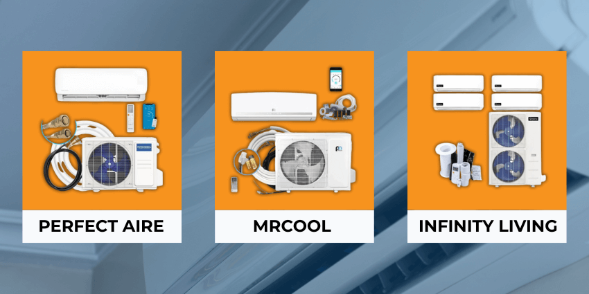DIY Mini Split System Overview DIY mini split system components: indoor air handler, outdoor condenser, pre-charged line set and remote control on an orange background.