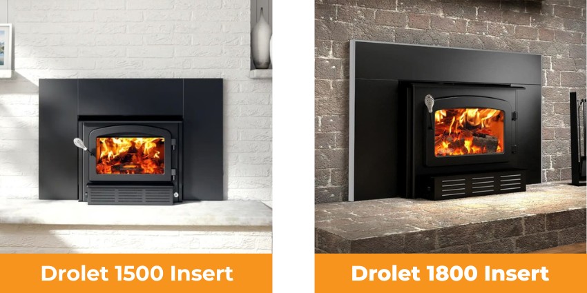 Drolet 1500 and 1800 wood fireplace inserts installed inside masonry fireplaces with active fire