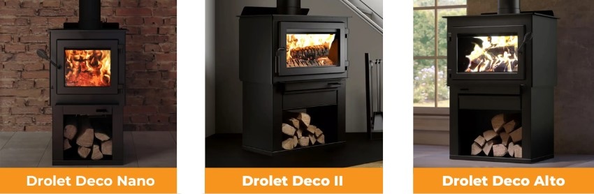 Drolet Deco Nano, Deco II, and Deco Alto modern wood stoves with storage base and large viewing windows