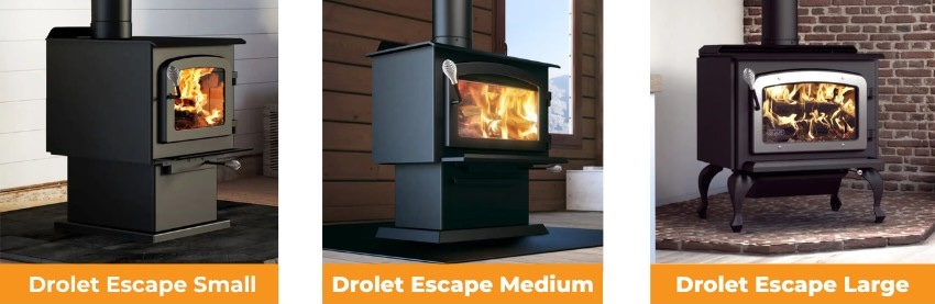 Drolet Escape small, medium, and large freestanding wood stoves showing size and design differences