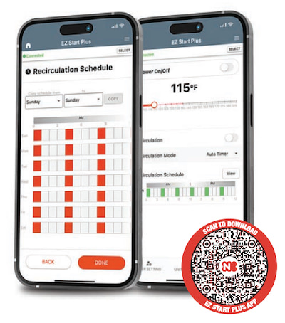 Noritz EZ Start Plus app screens displaying tankless water heater status, temperature settings, recirculation scheduling, and error information
