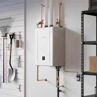 Noritz EZ Series Pro tankless water heater installed on a utility room wall