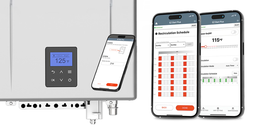Noritz EZ Start Plus app used for tankless water heater setup and scheduling