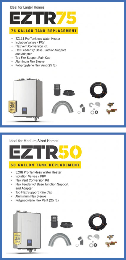 Vertical HVACDirect buying guide graphic showing a Noritz EZTR Pro tankless water heater, EZTR bundle packaging, and residential installation