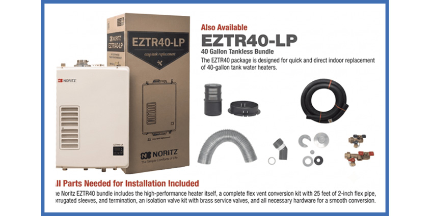 Noritz EZTR Pro tankless water heater displayed in front of its all-in-one residential tank replacement bundle packaging