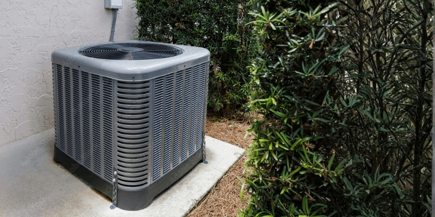 Outdoor split air conditioning condenser unit installed beside a home exterior wall