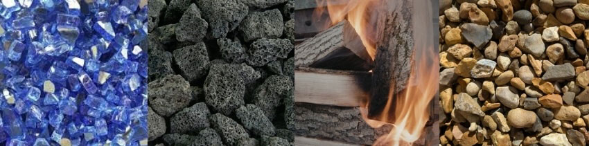 fire pit media options including fire glass lava rock ceramic logs and river stones