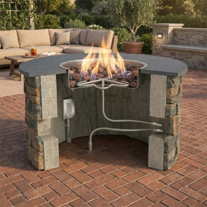 gas fire pit kit showing internal burner pan gas line and ignition components inside enclosure