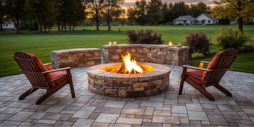 outdoor patio fire pit with seating area creating a warm backyard gathering space