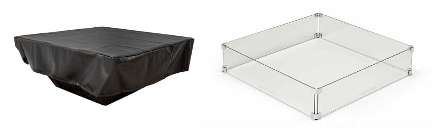 fire pit accessories including glass wind guard and weather protection cover