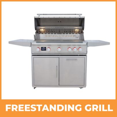 Stainless steel freestanding gas grill with cabinet and side shelves for outdoor cooking
