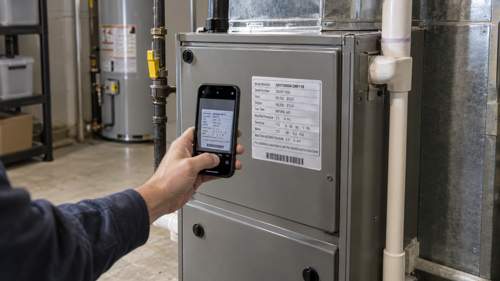 Furnace model identification label being photographed