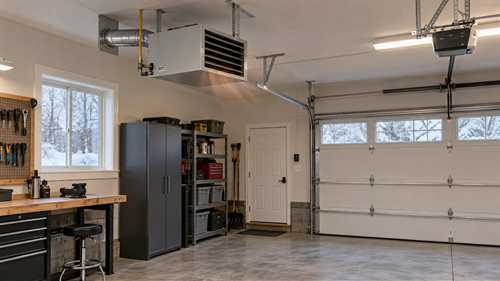 Installed garage unit heater near the ceiling of a workshop