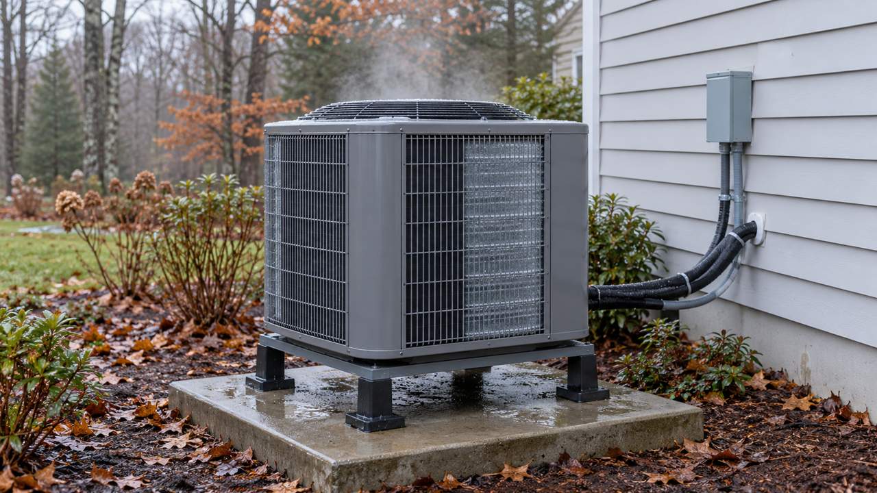 Illustration of a heat pump with light frost and water vapor during defrost