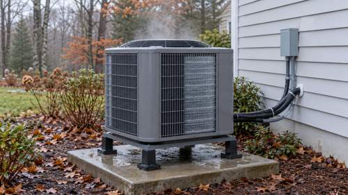 Illustration of a heat pump with light frost and water vapor during defrost