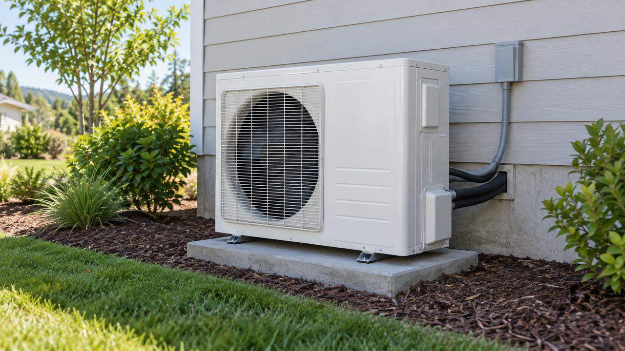 Outdoor heat-pump condenser beside a home