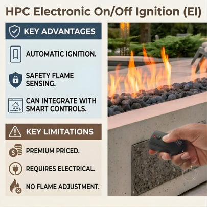 HPC electronic fire pit ignition system with remote control automatic flame start and safety features
